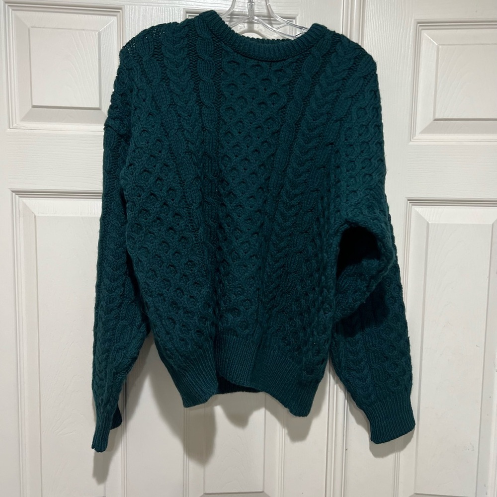 VNTG Nordstrom Knit  Emerald Green Irish‎ Wool Fisherman Cable Chunky Sweater M